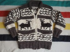 VTG 80s Ivory Cream Brown Heavy Wool Knit Deer Lodge Zip Cowichan Sweater Mens S