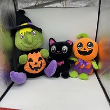 Halloween Plush Trio Witch Black Cat and Pumpkin Stuffed Animal Set Decor