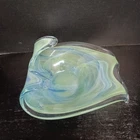 Vintage Murano Blown Art Glass Abstract Bowl Dish Turquoise Blue Clear Wave 9x5"