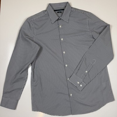 Perry Ellis Slim Fit Stretch Mens L Long Sleeve Button Up White and Black Scales