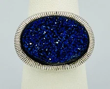 Modernist Sterling Silver Repousse Dark Blue Druzy Ring Size 6.25 Signed Heart