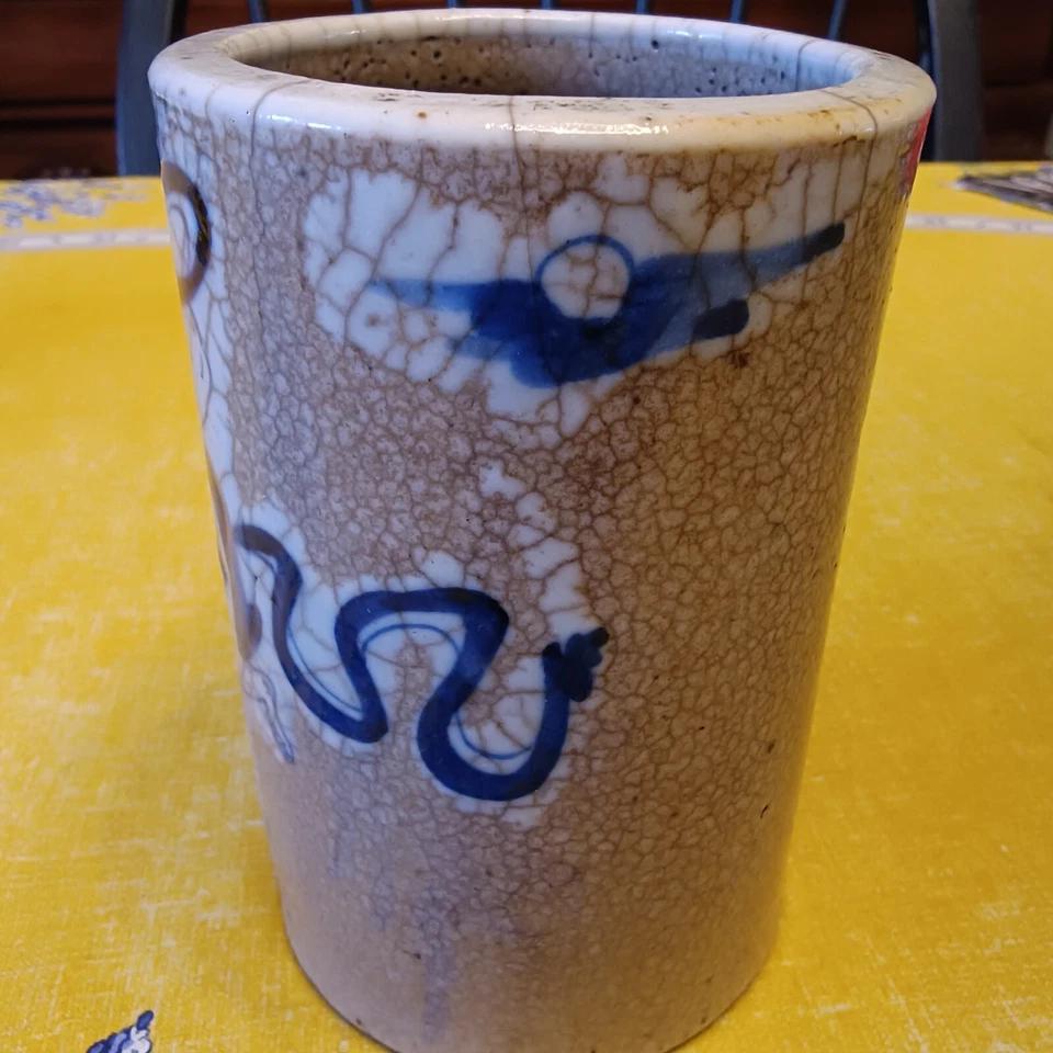 Antigua olla de cepillo de porcelana Qing azul y blanca de 5" 清 魁星点斗哥釉笔筒 Foto 4 de 4