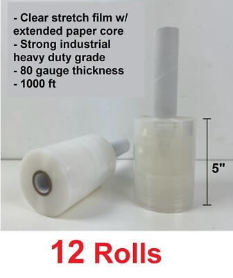 12 Rolls 5''x1000' Heavy Duty 80ga mini stretch wrap plastic film w/ paper handle