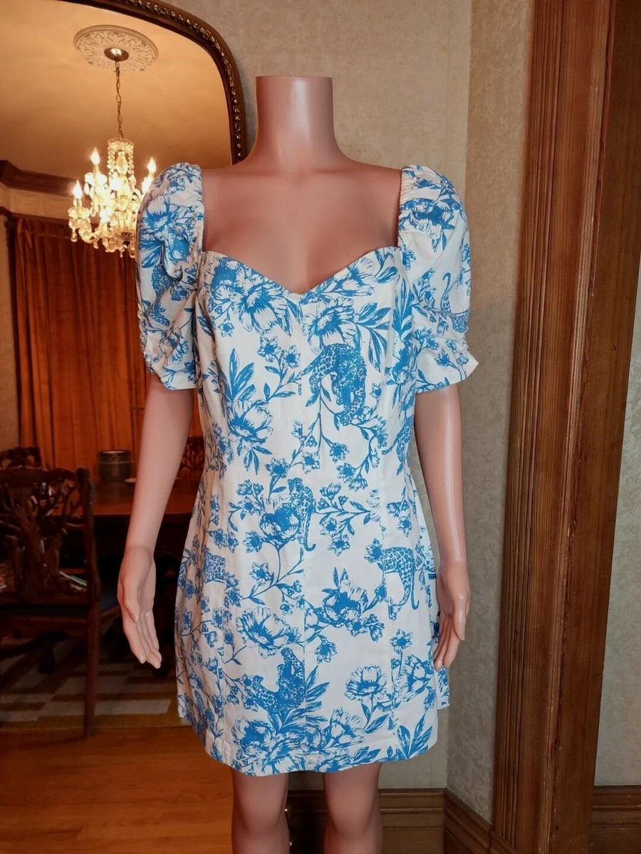 betsey johnson blue floral dress Betsey Johnson Athina Puff Sleeve Toile Dress Leopard Floral Blue & White  XXL