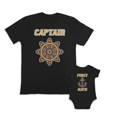 Dad and Baby Matching Outfits Clothes Captain Boat Wheel Sailing - Mate Anchor