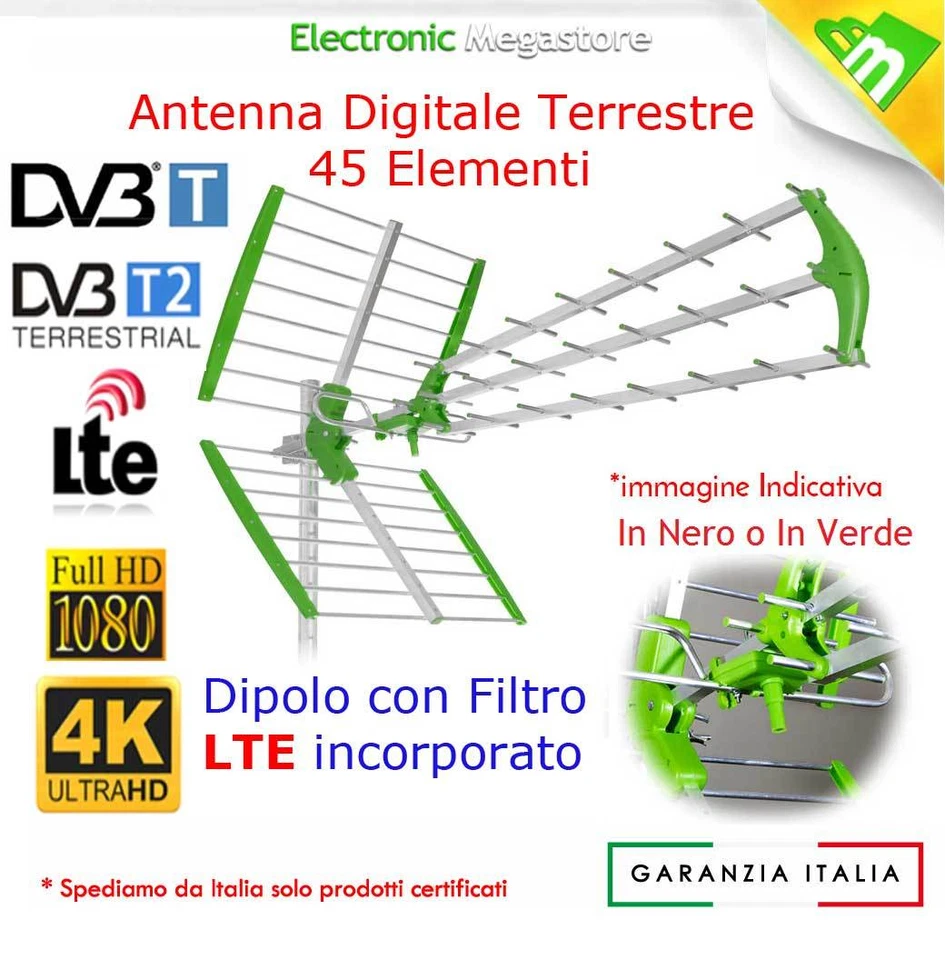 ANTENNA DIGITALE TERRESTRE UHF DTT DVBT 45 ELEMENTI ALTO GUADAGNO TV FULL HD LTE