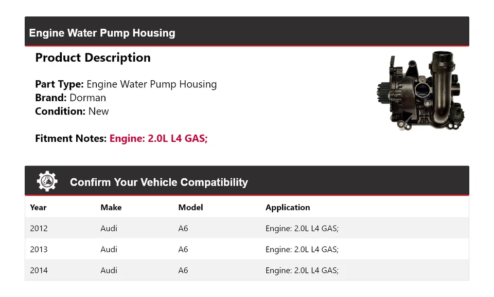 Carcasa de bomba de agua motor Dorman gas 2,0 L L4 2013 para Audi A6 2012-2014 Foto 2 de 4