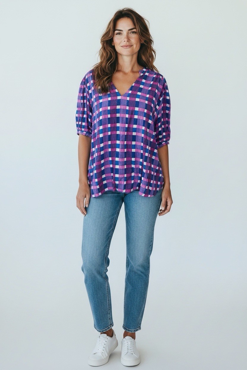 Ann Taylor Women’s Size XL Short Sleeve V Neck Colorful Checker Print Blouse