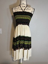 Womens Boho Smocked Halter Dress Size Small Cream Paisley Tiered Festival Summer