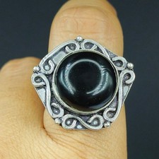 Natural Black Onyx Gemstone Handmade 925 Sterling Silver Ring Size-7.5 US