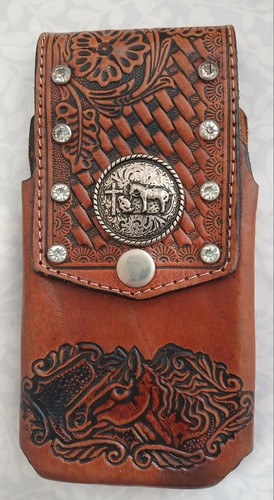 Hand Tooled Horse on Leather PHONE CASE & Silver Concho w Crucifix, w Belt Loop