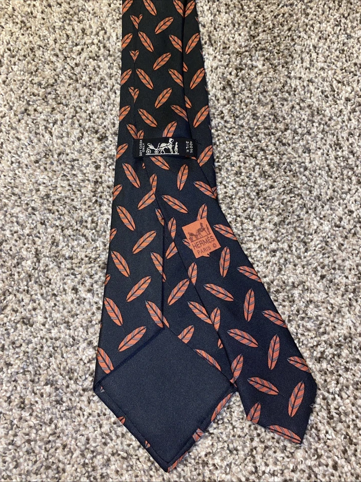 РЕДКИЙ галстук Hermes 995 SA перья черный винтажный 100% шелк подлинный ручной работы - Изображение 2 из 4