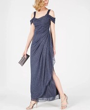 Alex Evenings Cold-Shoulder Draped Metallic Gown - Smoke - 10