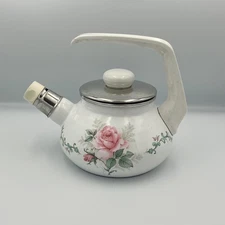 Geithainer Floral Enamelware Teapot Kettle Pink Rose Made in Germany