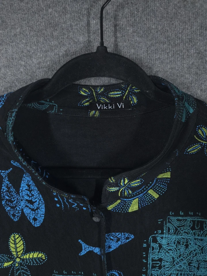 Vtg Vikki Vi Womens 2X Slinky Knit Blouse Black Fish Print Button Front 90s Y2K - Image 3 of 4