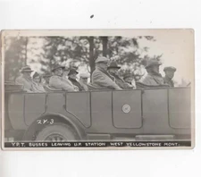 West Yellowstone Montana  RPPC  1935  Y.P.T. busses leaving U.P. Station