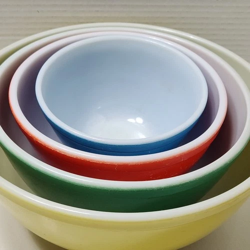 Vintage Pyrex Colorful Nesting Mixing Bowls Set of 4 Yellow, Green, Red, & Blue