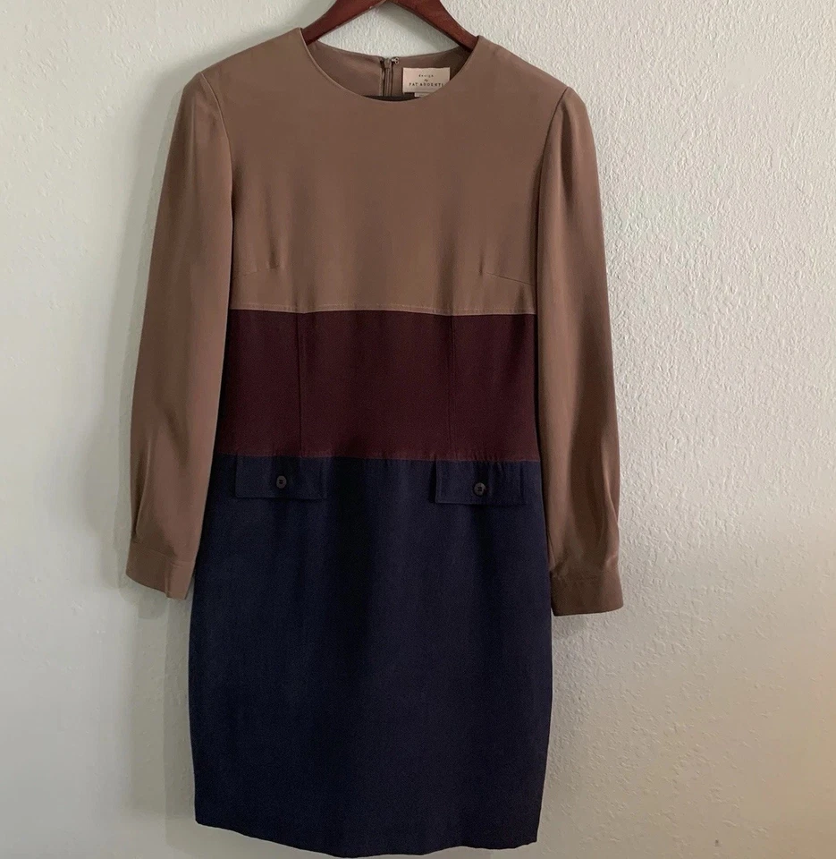 Платье-футляр Pat Argenti 100% шелк цветной блок размер 8 с длинным рукавом минималистская работа - Изображение 2 из 4