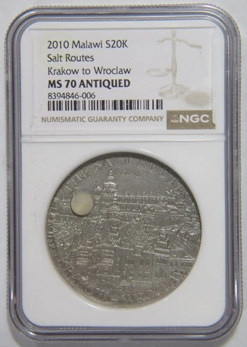 MALAWI SILVER 20 KWACHA SALT ROUTES SERIES KRAKOW WROCLAW NGC MS70 ANTIQUED