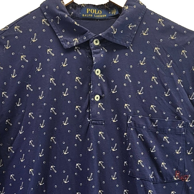 VTG Polo Ralph Lauren Size Medium Mens Anchor Print Polo Shirt Terry Cloth Blue