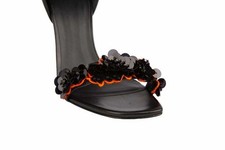 $1295 Designer VERSACE Women's Black and Orange Fiore Paillettes Leather Sandals