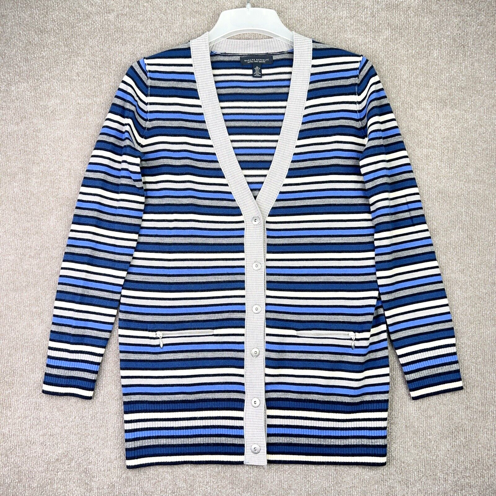 BR Wool Striped Cardigan Size M 100% Merino Extra Fine Sweater