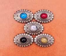 10X Antique Silver Flower Leathercraft Belt Blue Turquoise Oval Concho Screwback