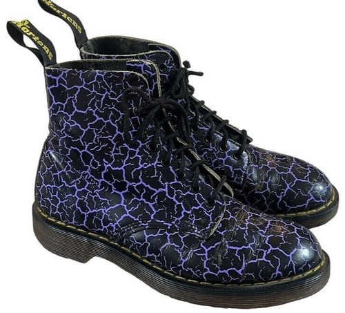 VTG Doc Dr Martens #1460 Boots Purple - Crack Print / 80s & 90s / RARE / SZ 8