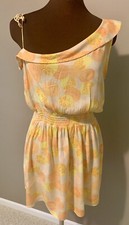 Womens One Shoulder Dress  4 Yellow Print Mini Short Vacation Beach Cruise Tie