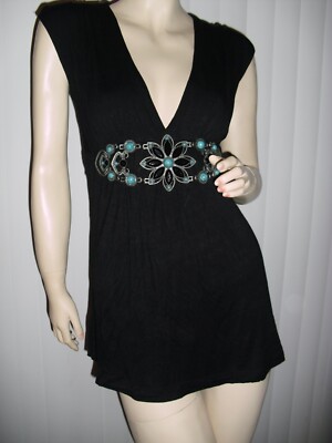 Fashionista Style,szM,black,deep Vneck,turquoise,metal trim,tie back,tunic,New