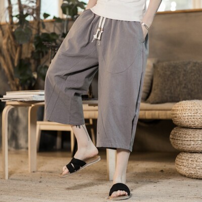 Herren Gekürzt Weites Bein Hose Haremshose Baggy Ethnisch Leinen Blend Vintage
