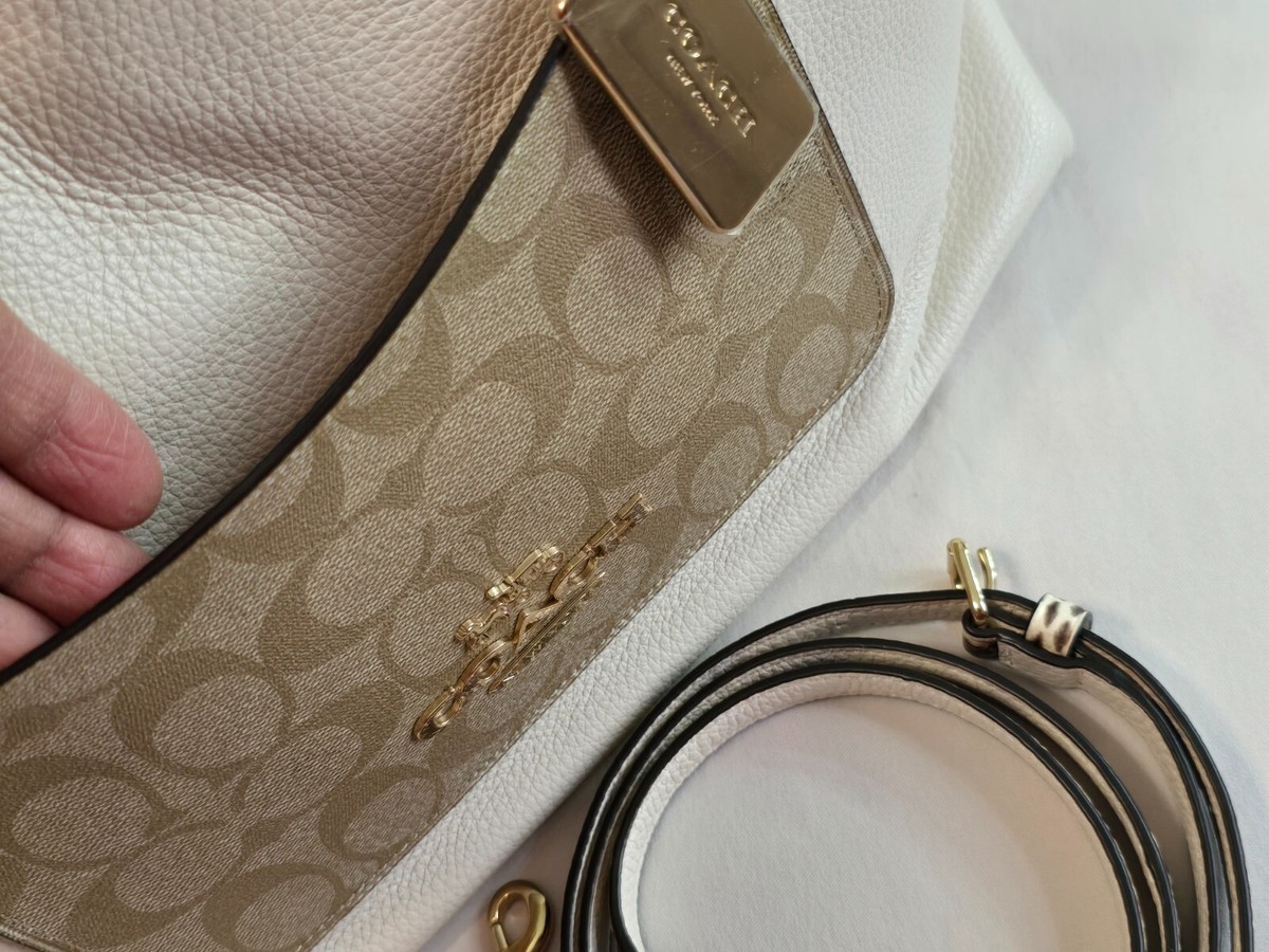 Coach Emma Satchel White Pebbled Leather Signature Canvas Snake