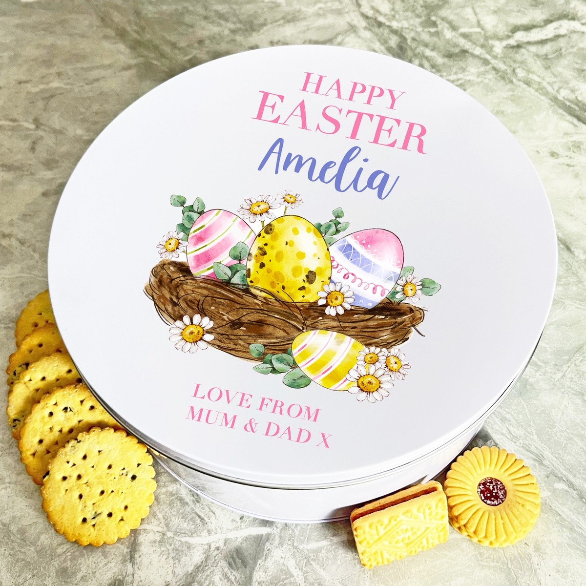 Happy Easter Eggs Daisy Round Personalised Gift Cake Biscuits