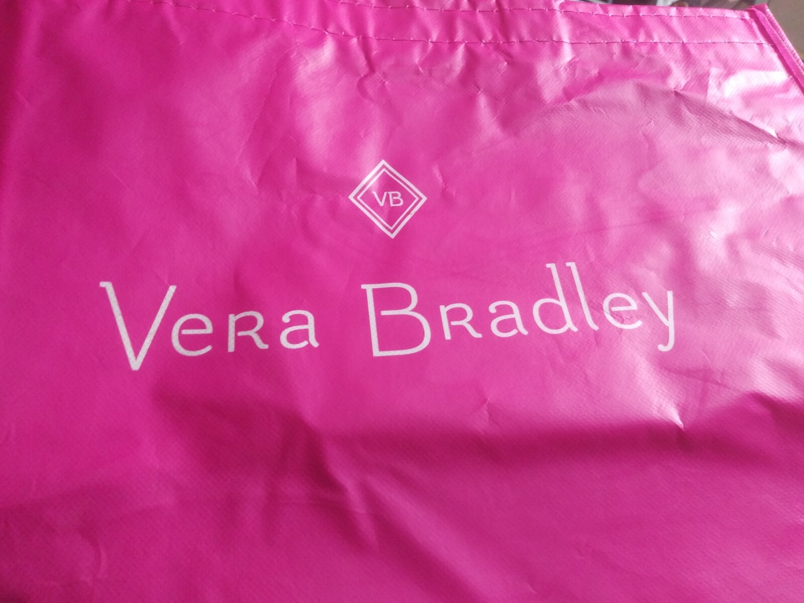 Vera Bradley shopping bag Pink Tote Reusable Plastic Spelled out 16" x12"