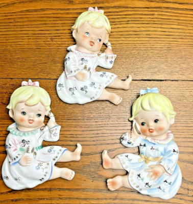 Vintage Set Three Bradley Ceramic Baby Girl Phone Wall Hanging Plaque Pocket