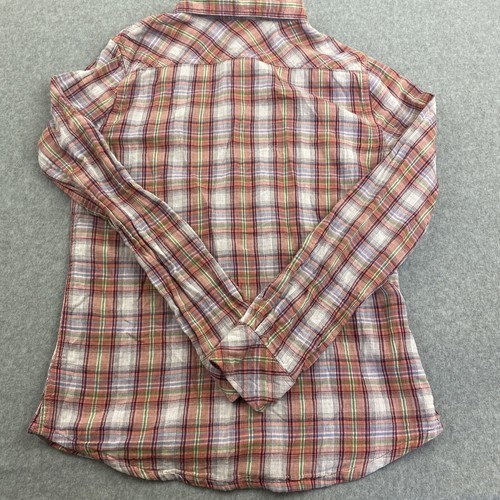 OAKLEY Shirt Womens Medium Long Sleeve Button Up Flannel Pink Plaid Pocket Logo - Picture 6 of 9