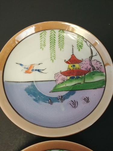 Vier Dessertteller Untertassen Japan handbemalt Glanzgeschirr Vogel pfirsichblau - Bild 2 von 3