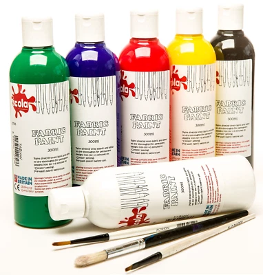 SCOLA FABRIC TEXTILE PAINT SET 6 x 300ml COLOURS RED WHITE BLUE BLACK YELLOW GRN