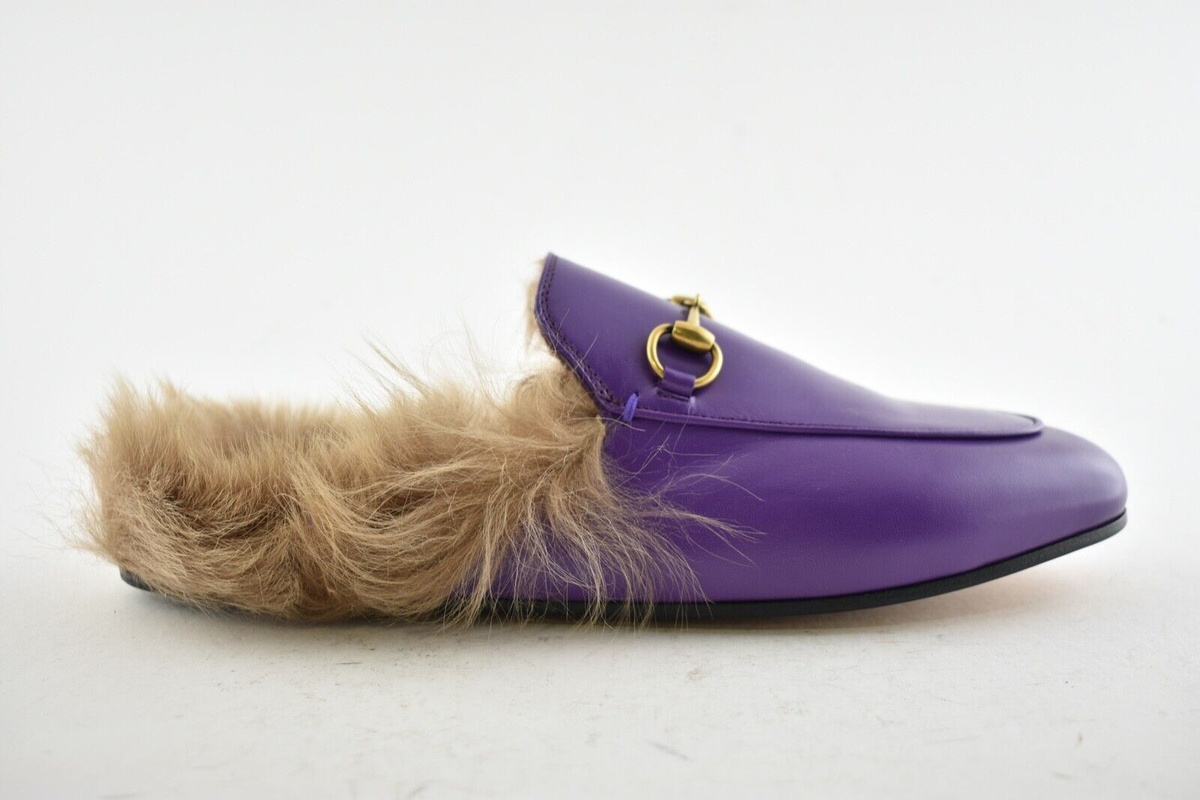 Gucci Princetown Purple Leather Beige Nude Fur Loafer Slide Mule