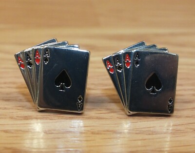 Silver Tone Style 4 Cards Ace of Every Suit Collectible Men's Cuff Links *READ*