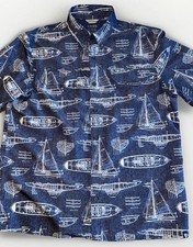 Camisa Chaps Para Hombre Azul Estampado Barco Botón Manga Corta Protección Solar Rendimiento XL