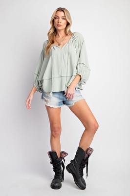 New Easel Blouse 3/4 Sleeve Top V Neck Shirt Small Relaxed Oversized Pullover