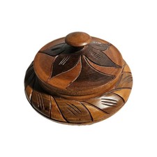 Wooden Hand Turned Carved Bowl with Lid Tropical Carved Details Trinket Dish