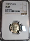 NGC MS-64 1913-P Type 1 Buffalo Nickel, Razor-Sharp, Blazing, 1st Year Issue.