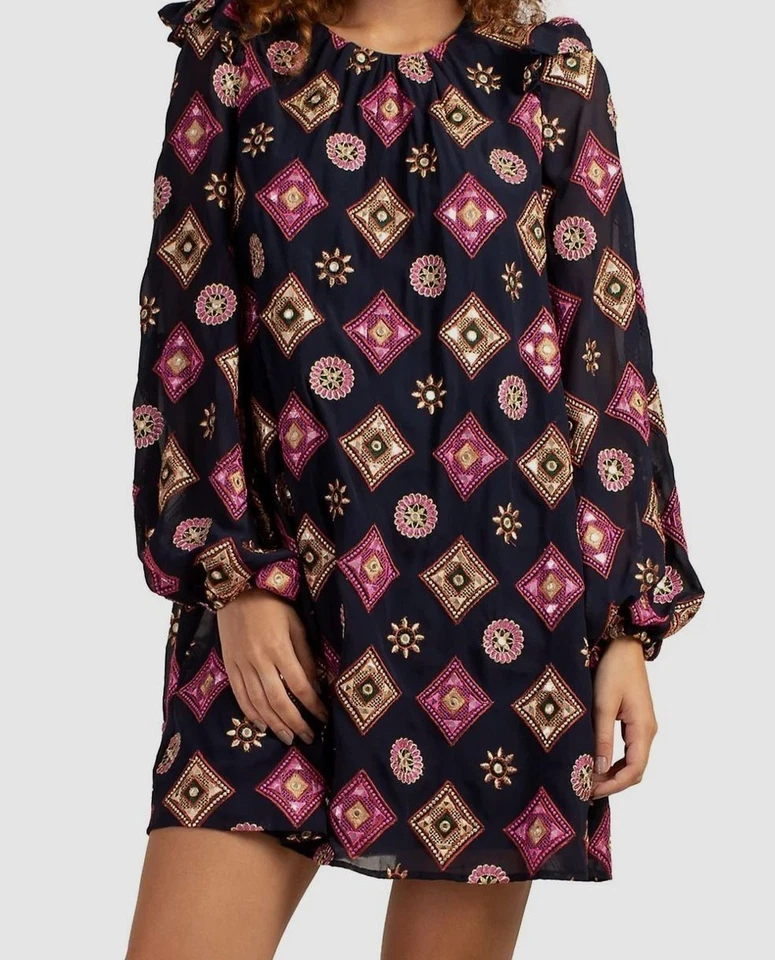 Vestido recto manga blusa caftán bordado adornado TRINA TURK XXL = 16/18 Foto 4 de 4