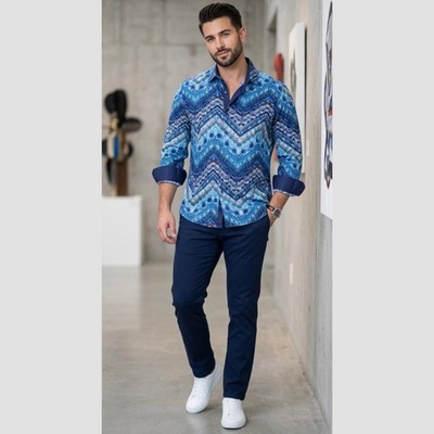Barabas Men's 2XL Button Up Shirt Blue Geometric Chevron Long Sleeve Classic Fit