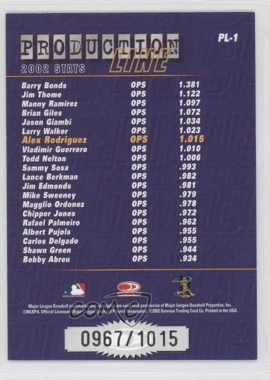 2003 Donruss Production Line /1015 Alex Rodriguez #PL-1 - Image 2 of 2