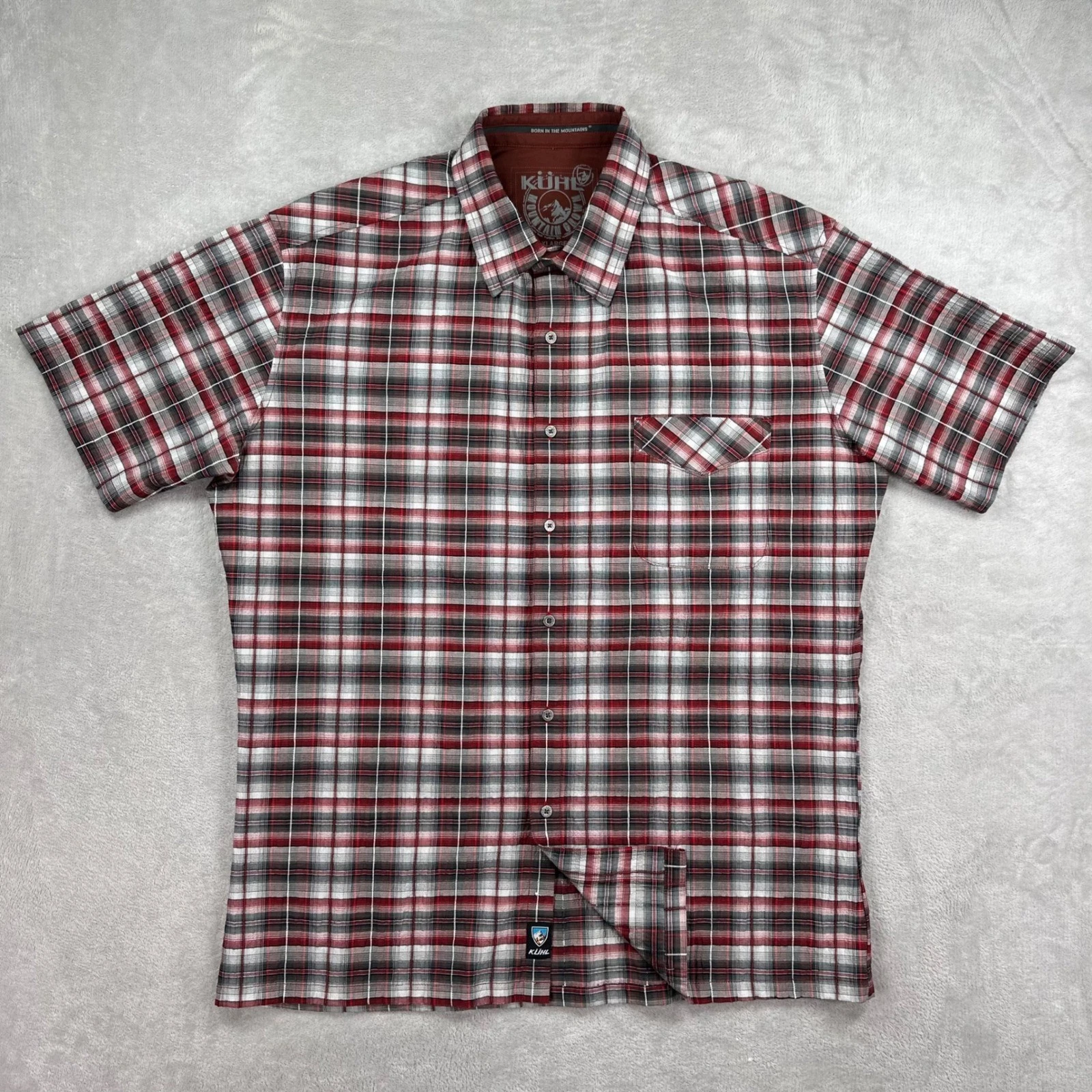 Kuhl Button Down Shirt Mens XL Red Plaid Short Sleeve Stretch Hiking Outdoors