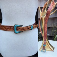 Vtg Western Tooled Belt Zuni Buckle Turquoise Sterling Silver Small