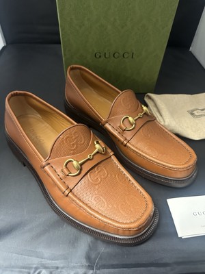 Gucci Cream and Tan Leather Webbed Penny Loafers with Gold GG Horsebit GG Canvas distressed loafers in beige - Gucci  main image 4